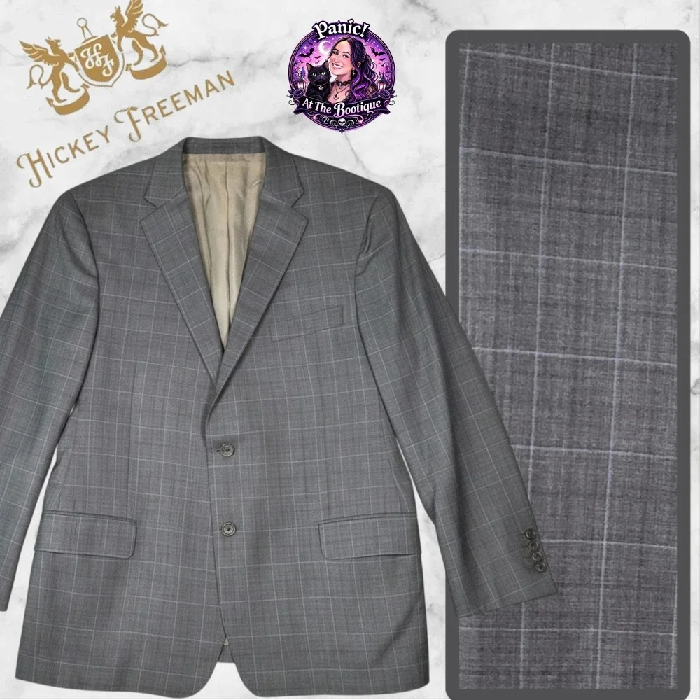 Vtg Hickey Freeman Suit Jacket Men 42‎ Grey Plaid Wool Silk Blazer Nordstrom USA